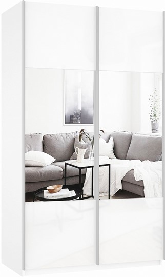 Шкаф 2-дверный Прайм (Зеркало/Белое стекло) 1200x570x2300, белый снег в Салехарде - изображение 2