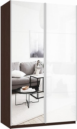 Шкаф 2-х створчатый Прайм (Зеркало/Белое стекло) 1400x570x2300, венге в Салехарде - изображение