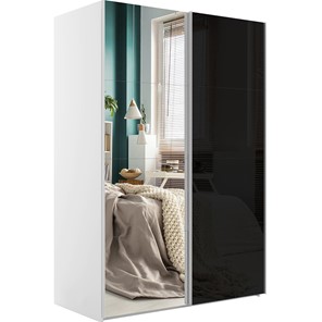 Шкаф 2-х дверный Эста (Зеркало/Стекло черное) 1600x660x2200, белый снег в Губкинском