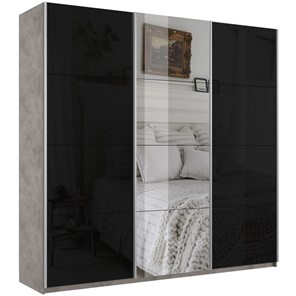 Шкаф 3-дверный Широкий Прайм (2 Стекла Черных / Зеркало) 2400x570x2300, Бетон в Лабытнанги
