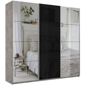 Шкаф 3-х дверный Широкий Прайм (2 Зеркала / Стекло черное) 2400x570x2300, Бетон в Лабытнанги