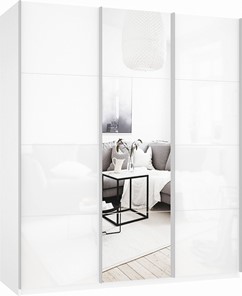 Шкаф трехстворчатый Прайм (Белое стекло/Зеркало/Белое стекло) 2100x570x2300, белый снег в Салехарде