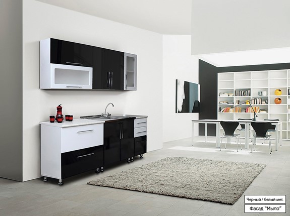 Гарнитур на кухню Мыло 224 2000х718, цвет Черный/Белый металлик в Губкинском - изображение