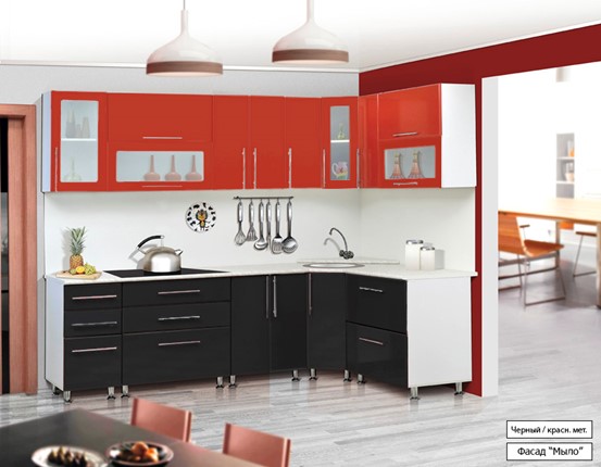 Кухонный угловой гарнитур Мыло 224 2600х1600, цвет Черный/Красный металлик в Салехарде - изображение