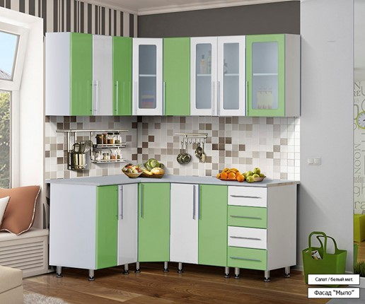 Угловая кухня Мыло 224 1800х1400, цвет Салат/Белый металлик в Салехарде - изображение