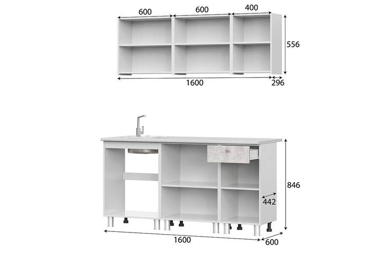 Гарнитур на кухню КГ-1 1600, белый/белый/цемент светлый/антарес в Лабытнанги - изображение 2
