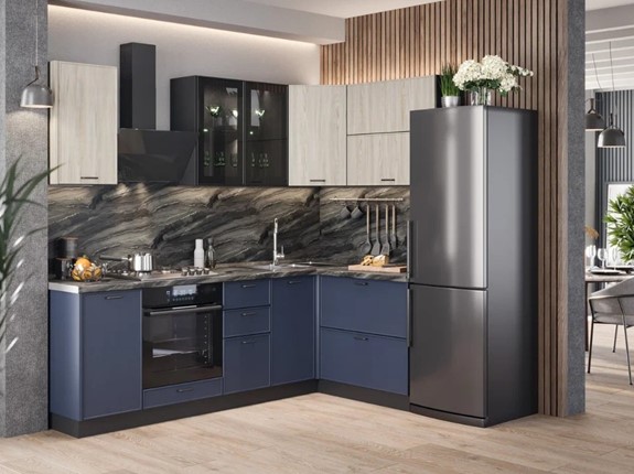 Угловой кухонный гарнитур 2400 Индиго, Черный/Дуб мадейра топаз/Темно-синий в Салехарде - изображение