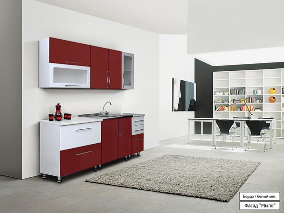 Гарнитур кухонный Мыло 224 2000х918, цвет Бордо/Белый металлик в Лабытнанги - изображение