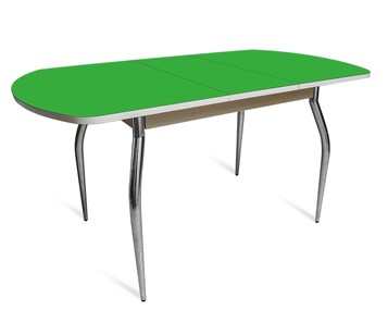 Обеденный раздвижной стол ПГ-01 СТ2, дуб молочный/зеленое стекло/35 хром гнутые металл в Салехарде