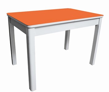 Обеденный раздвижной стол Айсберг-01 СТ2, белое ЛДСП/стекло оранжевое/прямые массив белый в Надыме