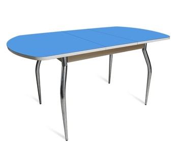 Кухонный раздвижной стол ПГ-07 СТ2, дуб молочный/синие стекло/35 хром гнутые металл в Губкинском