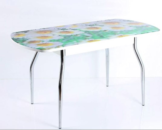 Кухонный раскладной стол ПГ мини СТФ белое ЛДСП/ромашки/хром фигурные в Салехарде - изображение