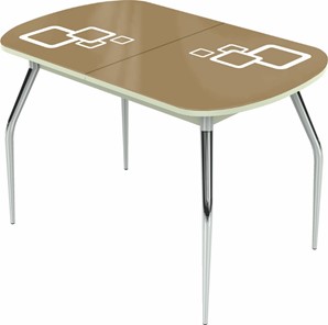 Кухонный раздвижной стол Ривьера мини хром №5, Рисунок квадро (стекло капучино/белый/белый) в Новом Уренгое
