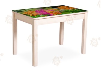 Кухонный стол раскладной Айсберг-02 СТФ, Дуб ЛДСП/полевые цветы/ноги масссив в Салехарде - предосмотр
