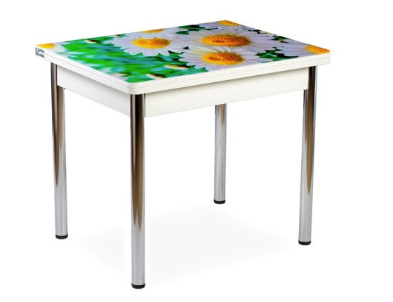 Кухонный пристенный стол СПА-02 СТФ, белый/фотопечать ромашки/опоры хром в Салехарде - изображение