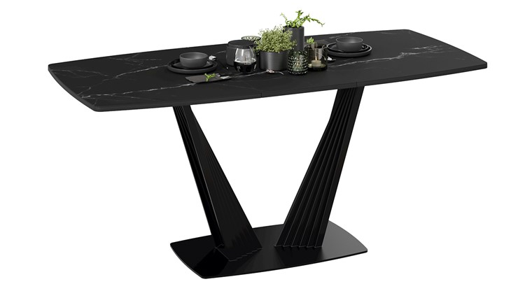 Кухонный раздвижной стол Фабио тип 1 (Черный муар, Стекло матовое черный мрамор) в Салехарде - изображение 1