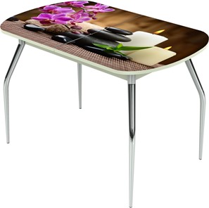 Кухонный раскладной стол Ривьера исп.2 ноги метал. крашеные №24 Фотопечать (Цветы №18) в Лабытнанги