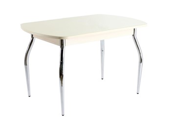 Стеклянный кухонный стол ПГ-05 СТ1, дуб молочный/песочное стекло/35 хром гнутые металл в Лабытнанги