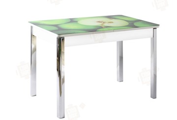 Кухонный стол раздвижной Айсберг-01 СТФ, белый/фотопечать зеленые яблоки/ноги хром квадратные в Новом Уренгое