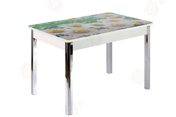 Кухонный стол раскладной Айсберг-01 СТФ, дуб/фотопечать ромашки/ноги хром квадратные в Тарко-Сале