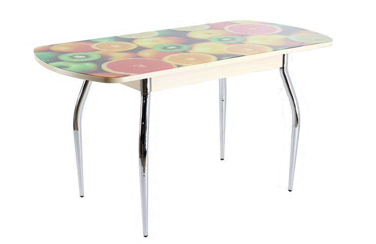 Кухонный раскладной стол ПГ-01 СТФ, дуб молочный лдсп/луговые цветы/35 хром гнутые в Салехарде - изображение 1