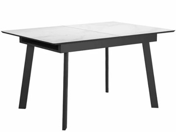 Стеклянный кухонный стол раздвижной DikLine SFH125 стекло Оптивайт Белый мрамор/подстолье черное в Новом Уренгое