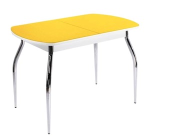 Обеденный раздвижной стол ПГ-01 СТ2, белое/желтое стекло/35 хром гнутые металл в Надыме
