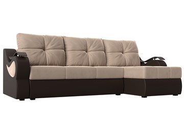 Угловой диван с оттоманкой Меркурий, Бежевый/Коричневый (велюр/экокожа) в Салехарде