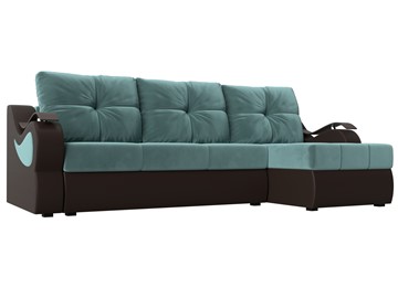 Угловой диван с оттоманкой Меркурий, Бирюзовый/Коричневый (велюр/экокожа) в Салехарде