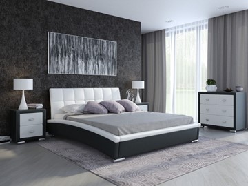 Кровать в спальню Corso-1L 140x200, Экокожа (Черный с белым) в Салехарде