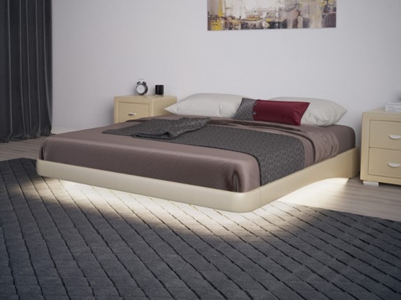 Кровать двуспальная парящая 160х200, Экокожа (Бежевый перламутр) в Салехарде - изображение