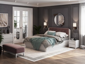 Двуспальная кровать с механизмом Wood Home 1 160х200, Белая эмаль (сосна) с брашированием/Бентлей Нежно-лиловый в Надыме