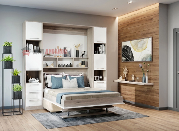 Кровать-шкаф с диваном Бела 1, с полкой ножкой, 1600х2000, Эльбрус/белый в Салехарде - изображение