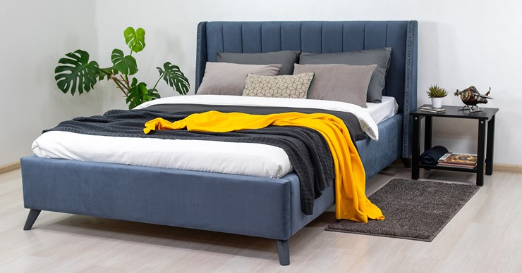 Спальная кровать Мелисса 140, арт. Тори 83 велюр (серо-синий) + кроватное дно в Салехарде - изображение 4
