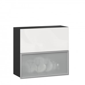 Кухонный шкаф 800 горизонтальный, Шервуд, ЛД 281.981.000.088, со стеклом, черный/белый глянец в Салехарде - предосмотр
