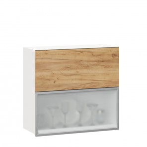 Кухонный навесной шкаф 800 горизонтальный, Шервуд, ЛД 281.981.000.137, со стеклом, белый/дуб золотой в Лабытнанги