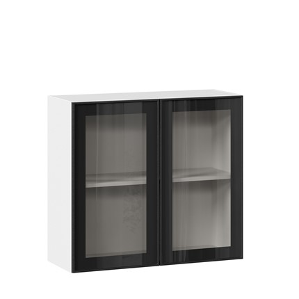 Навесной шкаф со стеклом 800 Индиго ЛД 298.360.000.023, Белый/Чёрный в Салехарде - изображение