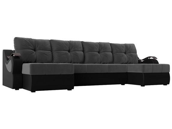 П-образный диван Меркурий П, Серый\Черный (Велюр\Экокожа) в Лабытнанги - изображение