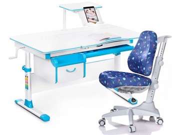 Комплект растущая парта + стул Mealux Mealux EVO Evo-40 BL (арт. Evo-40 BL + Y-528 F) / (стол+полка+кресло) / белая столешница / цвет пластика голубой в Муравленко