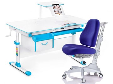 Комплект растущая парта + стул Mealux EVO Evo-40 BL (арт. Evo-40 BL + Y-528 SB) / (стол+полка+кресло) / белая столешница / цвет пластика голубой в Тарко-Сале