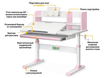 Растущий стол Ergokids TH-330 Pink TH-330 W/PN, столешница белая / накладки на ножках розовые в Салехарде - предосмотр 1